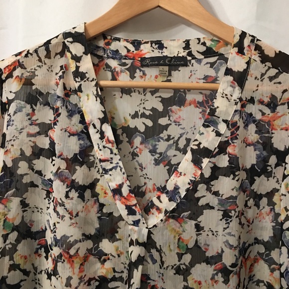 Rose and olive sheer V neck blouse. - Picture 2 of 5